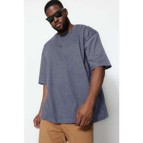 Trendyol Anthracite Men's Oversize/Wide Cut Comfortable Basic 100% Cotton Crew Neck Plus Size T-Shirt.