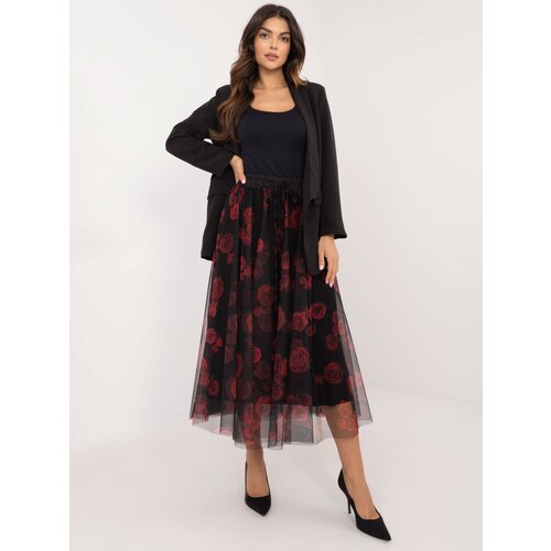 Fashionhunters Red and black floral tulle midi skirt Slike