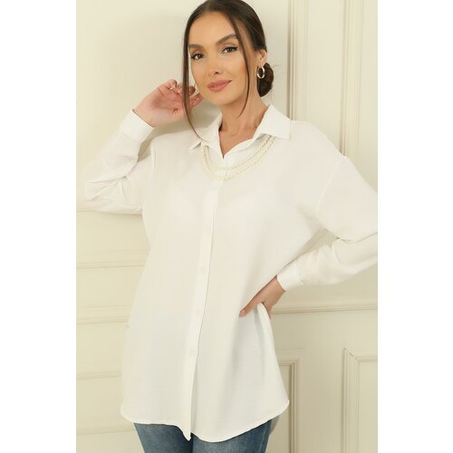 By Saygı Pearl Necklace Collar Buttoned Front Shirt Tunic Slike