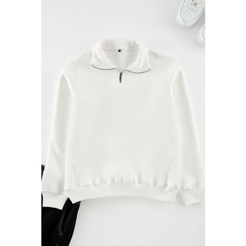 Trendyol Ecru Regular/Normal Cut Stand Collar Zippered Cotton Basic Sweatshirt Cene