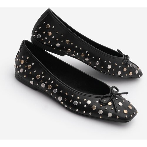 Marjin Women's Blunt Toe Studded Bow Detail Casual Ballerinas Vandera Black Cene