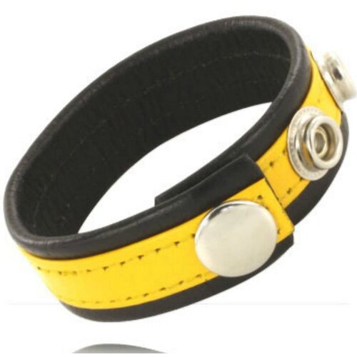 LEATHER BODY COCK AND BALL STRAP WITH SNAPS - BLACK AND YELLOW Cene