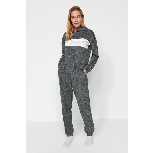 Trendyol Gray Motto Printed Sweatshirt-Jogger Knitted Pajamas Set Cene