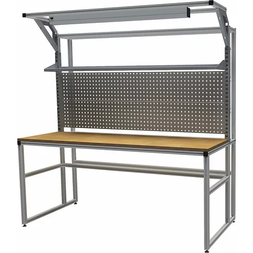 bedrunka hirth Aluminijasta delovna miza s sistemsko nadgradnjo workalu®, enostranska, 1 polica, 2 perforirani steni, delovna svetilka, širina plošče