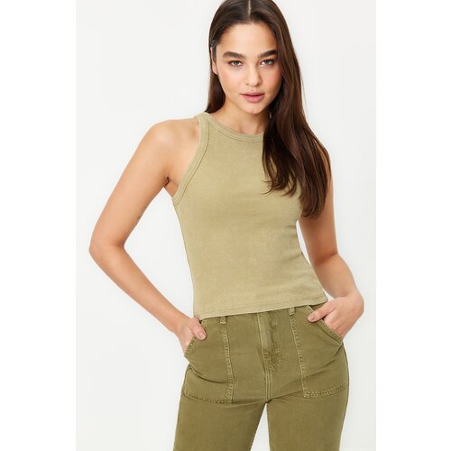 Trendyol Khaki Fade Effect Fitted Halter Neck Ribbed Cotton Stretch Knitted Undershirt Cene