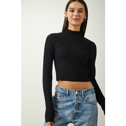 Happiness İstanbul Women's Black Turtleneck Ribbed Crop Knitted Blouse Slike