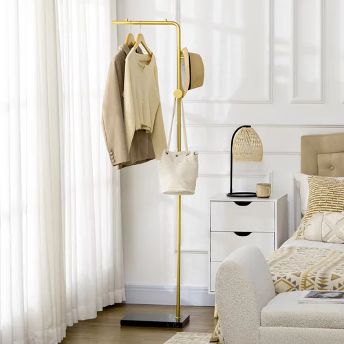 HOMCOM obešalnik z dvema kavljema za predsobo, spalnico in dnevno sobo iz kovine in marmorja, 35x25x170 cm, zlat in črn, (20745452)