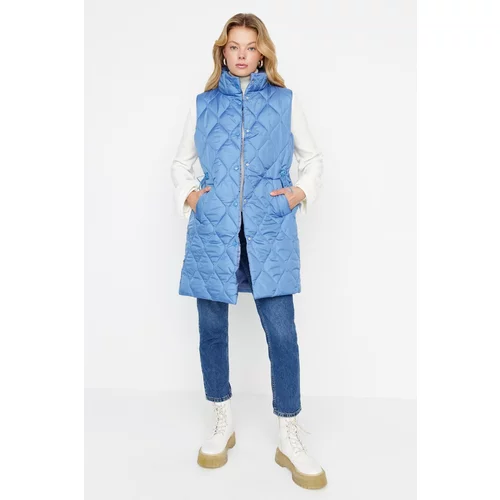 Trendyol Blue Hooded Quilted Waist Drawstring Lined Vest