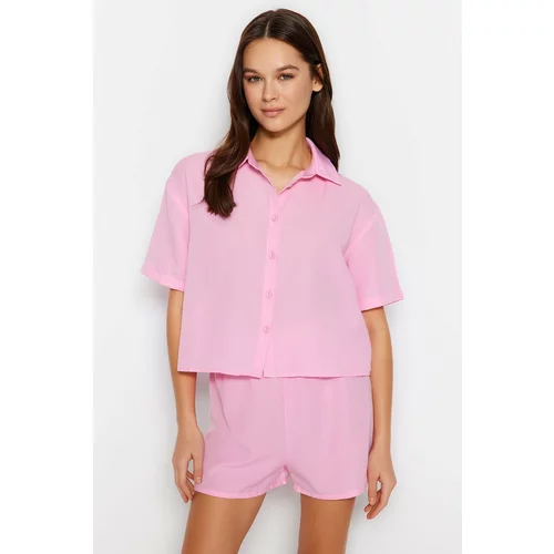 Trendyol Light Pink Elastic Detailed Shirt-Shorts Woven Pajamas Set