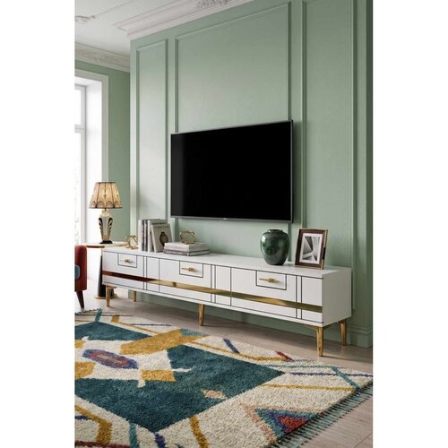 Hanah home TV komoda Ilay, 180 cm, bela / zlatna Slike