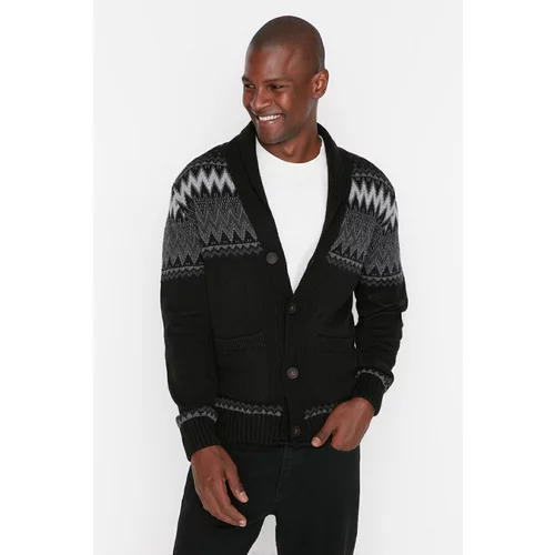 Trendyol Black Men's Slit Fit Shawl Collar Jacquard Knitwear Cardigan