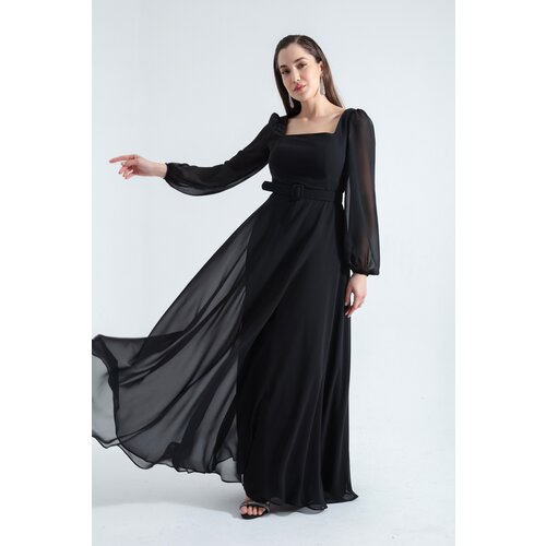 Lafaba women's black square neck long chiffon evening dress Slike