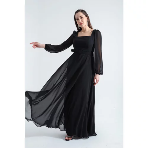Lafaba Women's Black Square Neck Long Chiffon Evening Dress