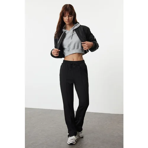 Trendyol Black Ribbed Elastic Waist Straight Cut Trousers