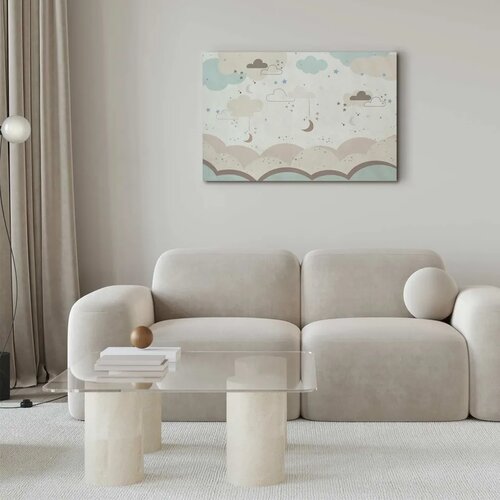  Slika - Cloudy Night Sky - Moons in Brown and Beige Hues Among Clouds and Numerous Little Stars on a Light Background 90x60 Prem Slike