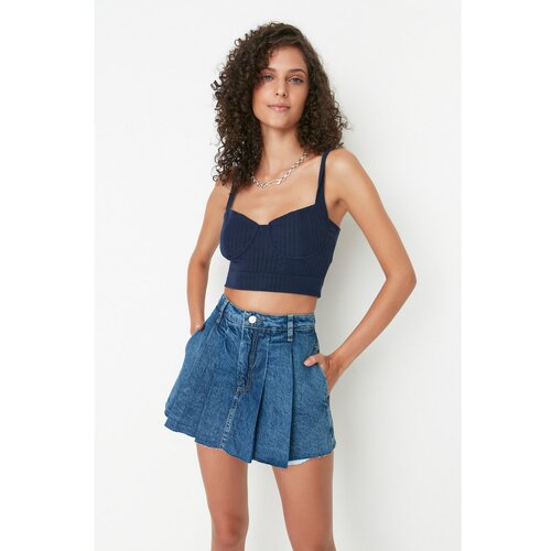 Trendyol Blue Pleated Normal Waist Denim Shorts Skirt Slike