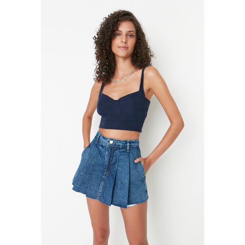 Trendyol Blue Pleated Normal Waist Denim Shorts Skirt Slike