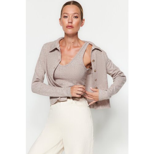 Trendyol Beige Button Detailed Shirt Collar It&amp;#039;s Soft Knitted 2-Pack Athletic Cardigan Set Slike