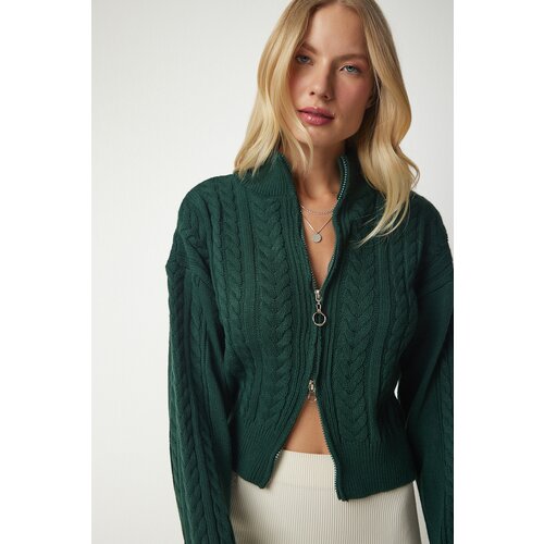 Happiness İstanbul Women's Emerald Green Zippered Knitting Pattern Sweater Cardigan Slike