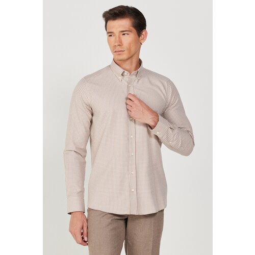 Altinyildiz classics Men's Beige-White Slim Fit Slim Fit Buttoned Collar Cotton Checkered Shirt Slike