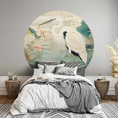  Okrugla fototapeta - By an Asian pond - an illustration in the style of a Japanese engraving depicting a heron 230x230 Slike