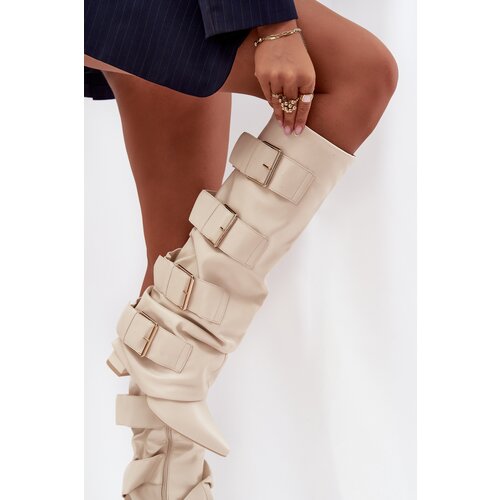 Boto Women's High Heel Boots with Turned-up Shaft and Golden Buckles Light Beige Isavelle Cijene