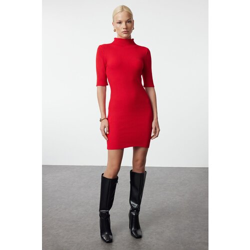 Trendyol Red Mini Knitwear Stand Collar Dress Cene