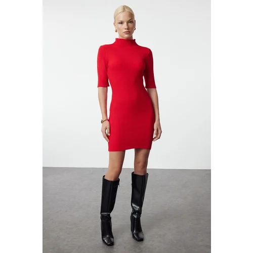 Trendyol Red Mini Knitwear Stand Collar Dress