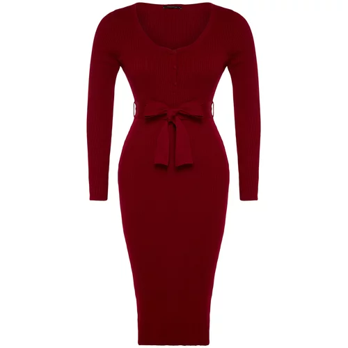Trendyol Curve Claret Red Knitwear Dress with Binding Detail and Buttons at the Waist