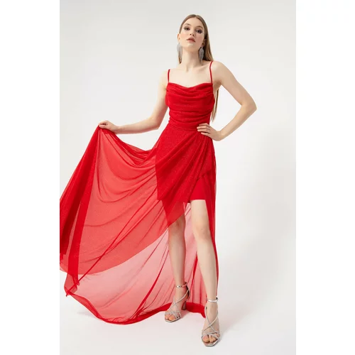 Lafaba Women's Red Bust Draped Flounces Glittery Glitter Evening Dress.