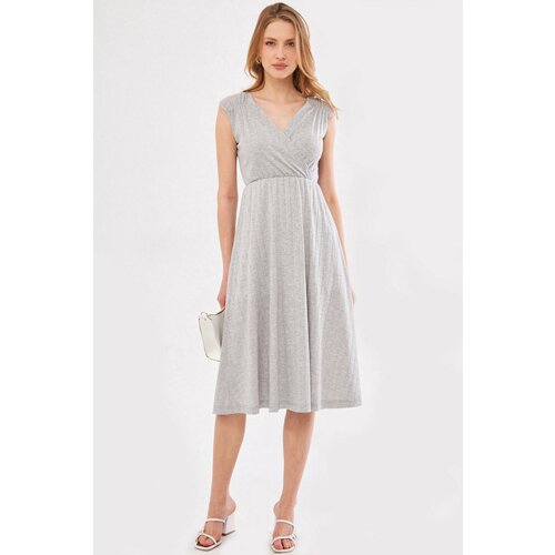 armonika Women's Gray Elastic Waist And Shoulder Skirt Lined Double Breasted Neck Midi Length Dress Slike
