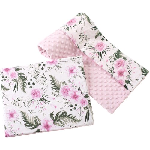 Medi Partners Quilt 75x100 + pillow 35x30 cotton + minky &amp;ndash; Flowers + light pink minky Slike