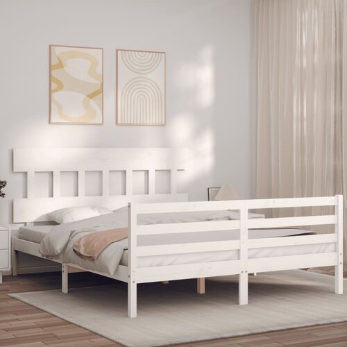 The Living Store Posteljni okvir z vzglavjem bel 160x200 cm trden les - Posteljni Okvir, (21524801) Slike