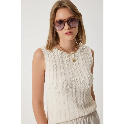  Women's Cream Pearl Textured Summer Knitwear Sweater