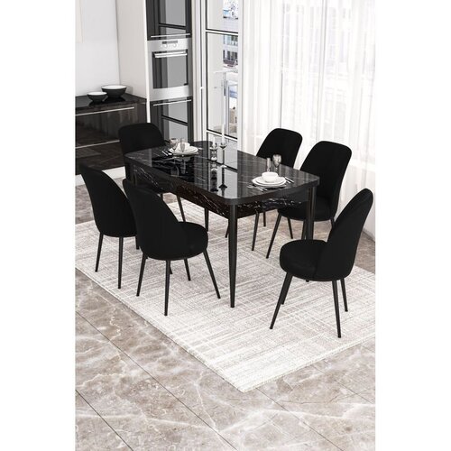 Hanah home trpezarijski set Via, sto na razvlačenje i 6 stolica, ploča u dekoru crnog mermera, crna tkanina Jerry Cene
