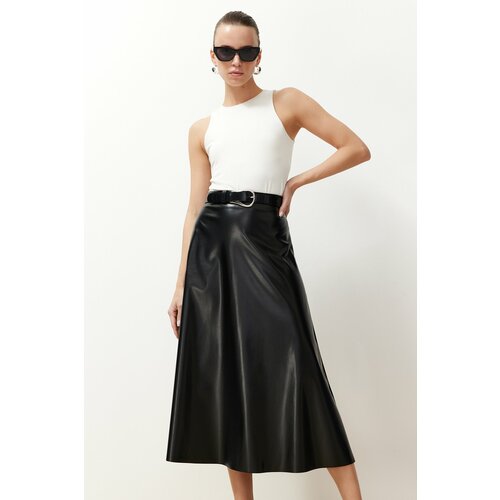 Trendyol Black Faux Leather Flared Maxi Length Woven Skirt Cene