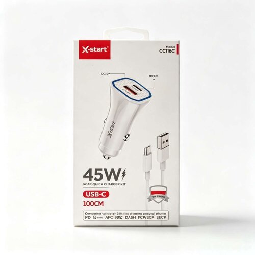 X Start CC116C Auto Punjač 45W sa USB-C Kablom 1m, PD i QC 3.0 / Car Charger Slike