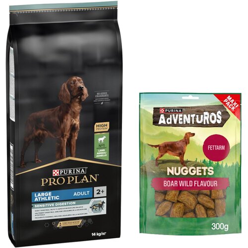 Purina PRO PLAN suha pasja hrana 14 kg + Adventuros Nuggets pribolj&scaron;ki 300 g gratis! - Large Adult Athletic jagnjetina & riž Sensitive Digestion Cijene