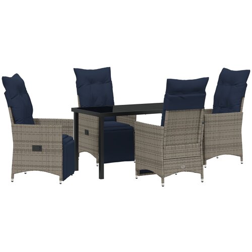 VidaXL 5-delna vrtna jedilna garnitura s blazinami siva poli ratan, vrtna miza črna 140x80x73 cm kaljeno steklo Slike