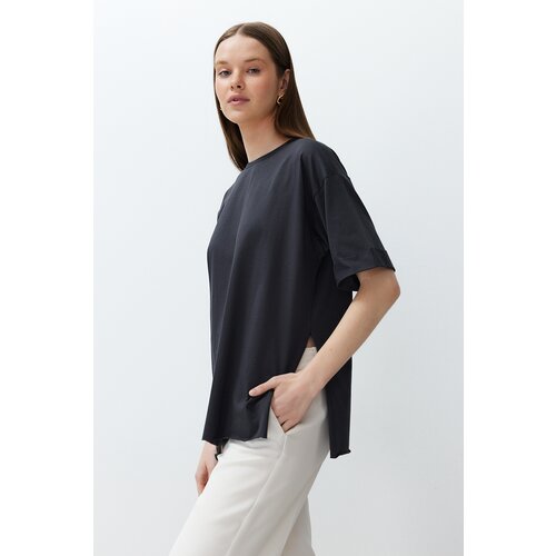 Trendyol anthracite 100% cotton double sleeve asymmetric boyfriend knitted t-shirt Cene