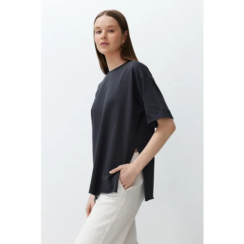 Trendyol Anthracite 100% Cotton Double Sleeve Asymmetric Boyfriend Knitted T-Shirt