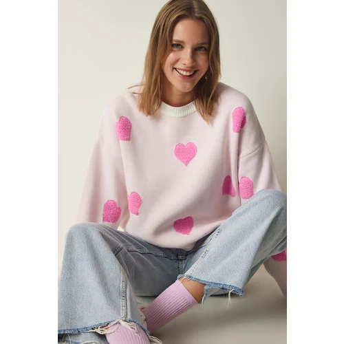  Women's Light Pink Heart Textured Oversize Knitwear Sweater