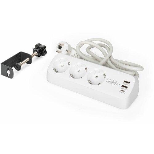 Digitus 3-way office socket strip with 2x USB-A and 1x USB-C connections, white Cene