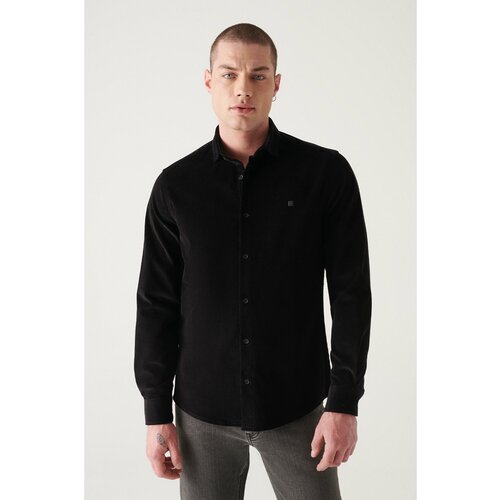 Avva Men's Black Velvet Button Collar Cotton Slim Fit Slim Fit Shirt Slike