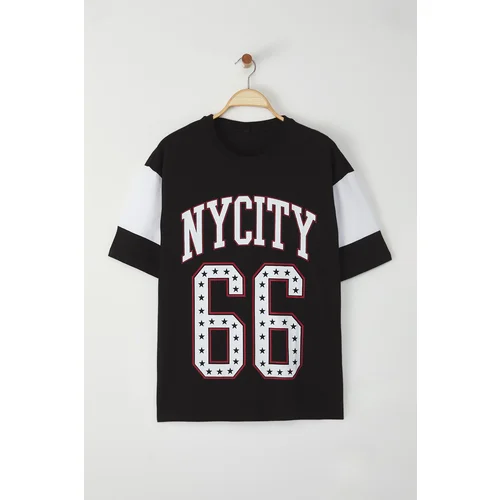 Trendyol Black College Oversize/Wide Cut 100% Cotton Printed T-shirt