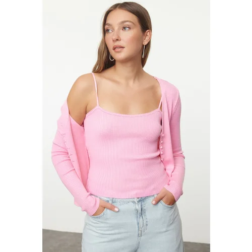 Trendyol Pink Crop Blouse-Cardigan Set Thin Knitted Cardigan