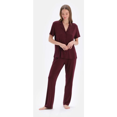 Dagi Burgundy Viscose Shirt Trousers Pajamas Set Slike