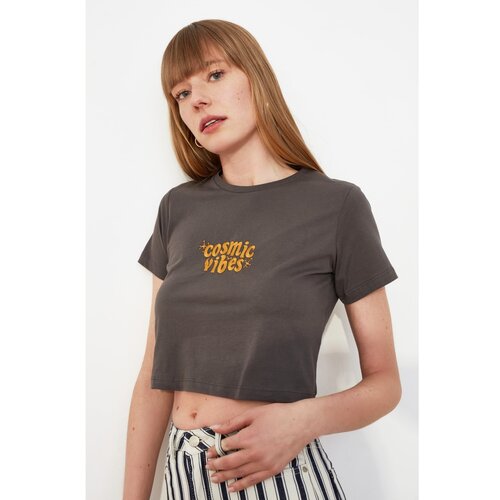 Trendyol Anthracite Embroidered Crop Knitted T-Shirt Slike