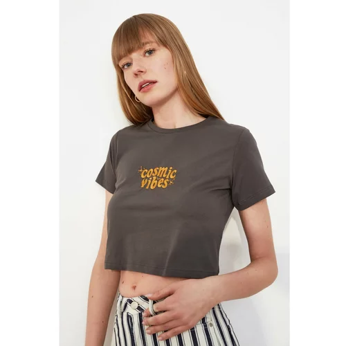 Trendyol Anthracite Embroidered Crop Knitted T-Shirt