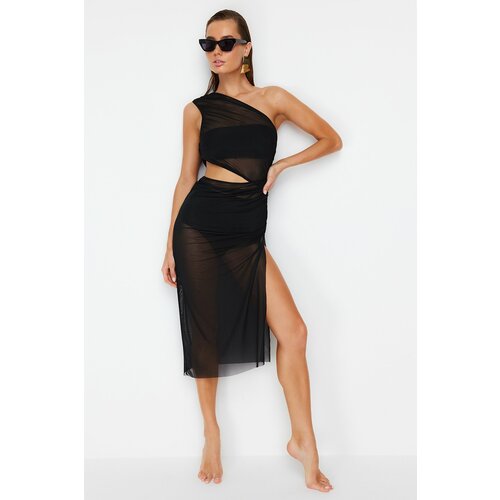 Trendyol black fitted knitted cut out/window mesh one shoulder beach dress Cene